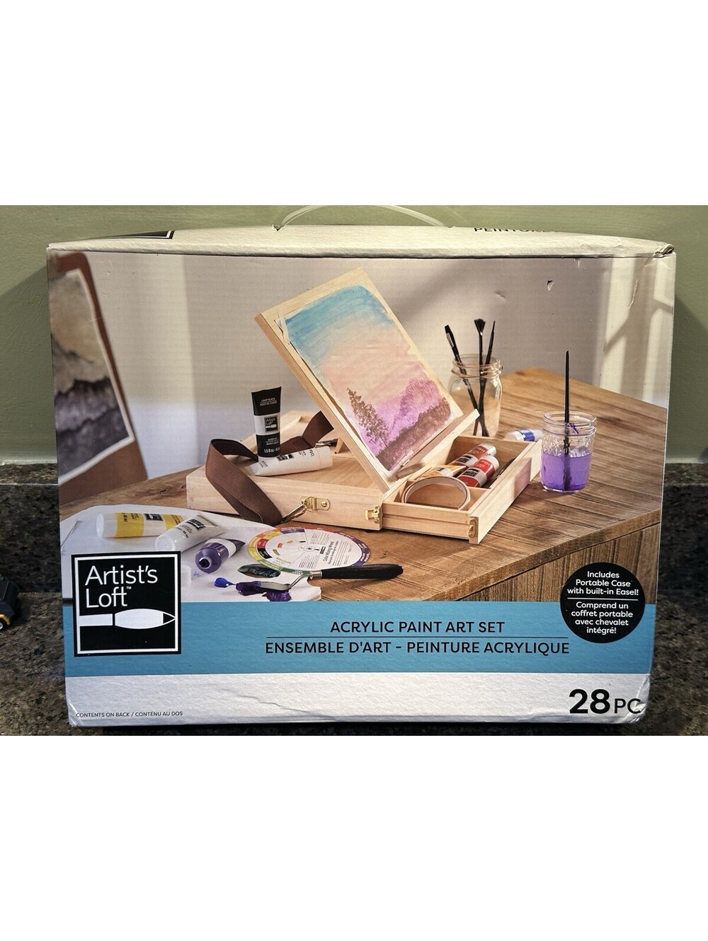 Artist's Loft 28 Pc Acrylic Painting Art Set Wooden Case Built-in Easel OPEN BOX